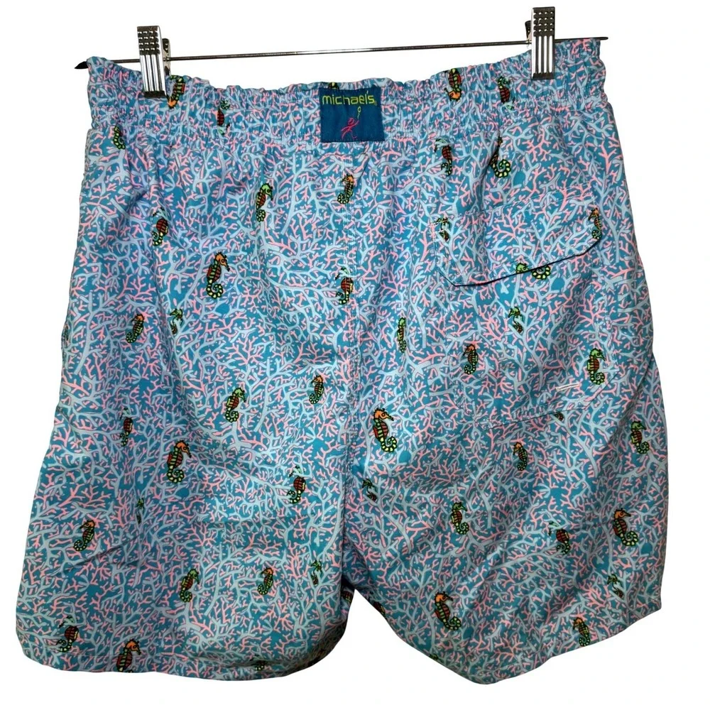 Michaels Mens Swim Trunks Shorts Seahorse Coral Print‎ Blue Pink Size M USA